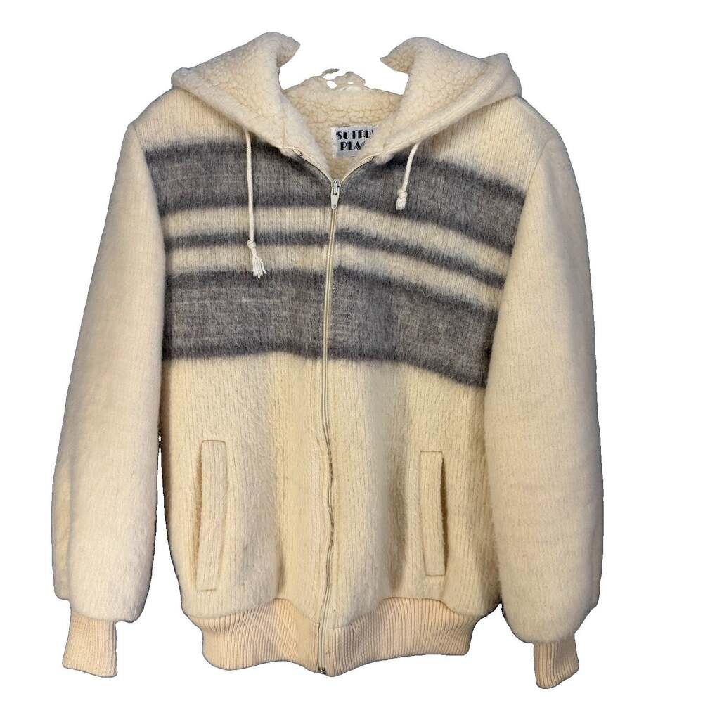 Vintage 80s Hooded Bomber Snap Button Crop Jacket Women Medium Sherpa Wool
